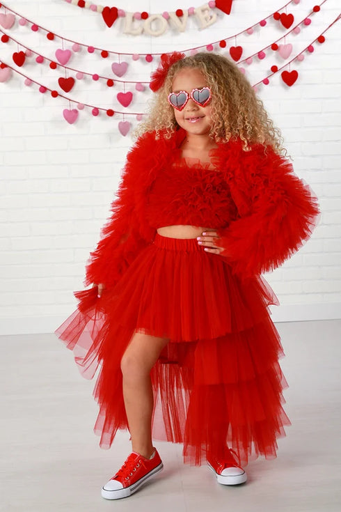 Girls Red Fluffy Tulle Jacket, Sizes 12M-14